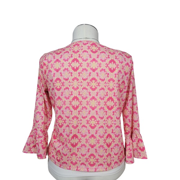 Stella Parker Top Womens Large Pink Yellow Floral Bell Sleeve Tie Front Boho - Picture 2 of 6